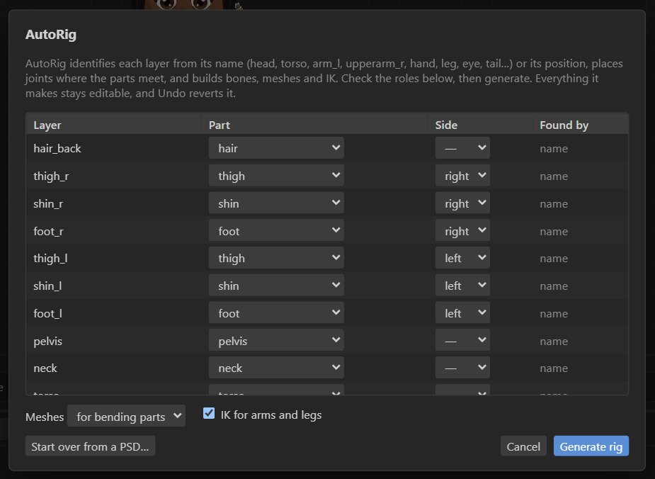 The AutoRig dialog listing every layer with its detected body part and side