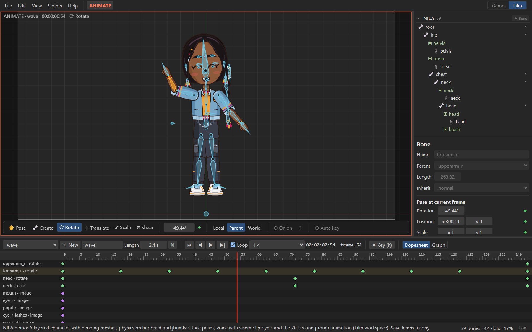 The Rigby2D editor with NILA, the Rigby2D mascot, in Animate mode: the viewport, the bone tree, the inspector and the dopesheet