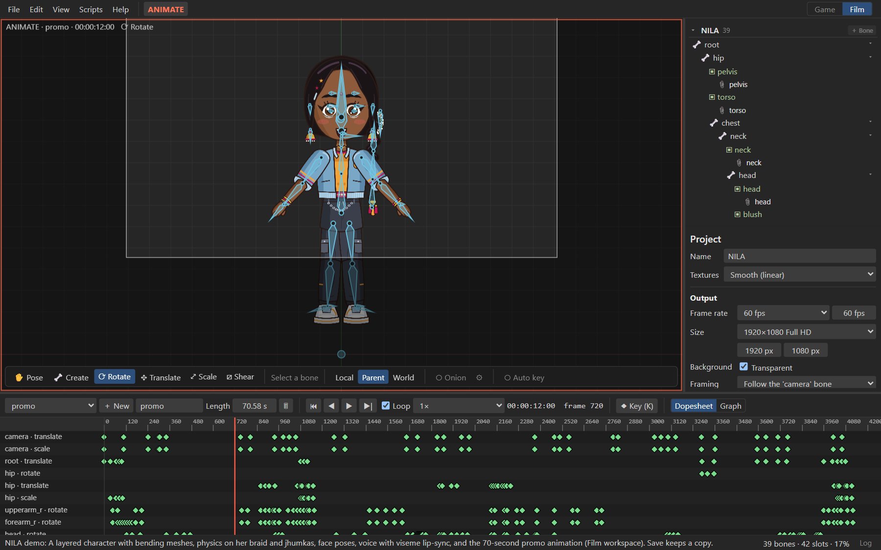 NILA's 70-second promo in the Film workspace, with the output frame and timecode