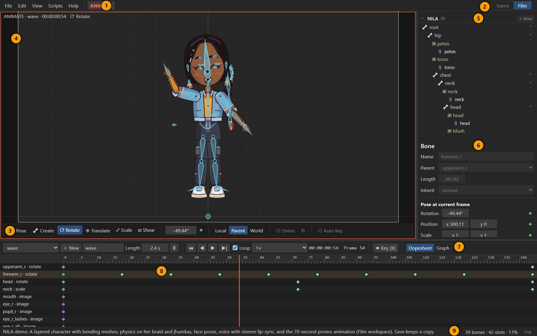 The editor with numbered areas: 1 menus, 2 workspace switch, 3 viewport toolbar, 4 viewport, 5 tree, 6 inspector, 7 timeline controls, 8 dopesheet, 9 status bar