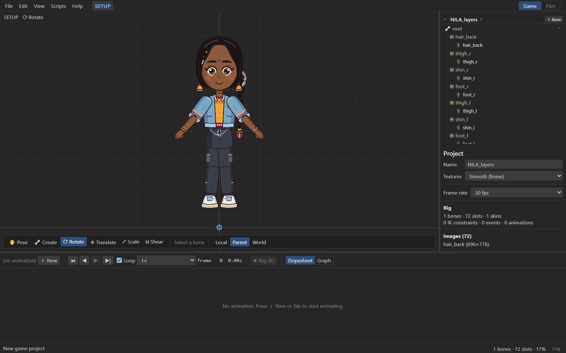 A layered PSD of NILA imported into Rigby2D: every layer is an image on the root bone