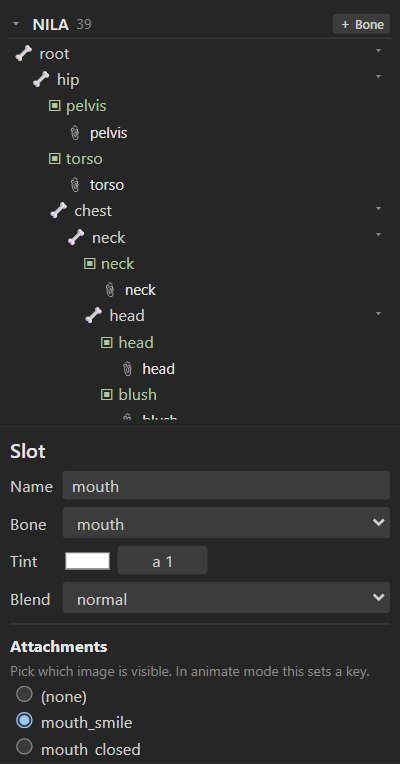 The inspector for NILA's mouth slot: its bone, tint, blend mode and the list of mouth images